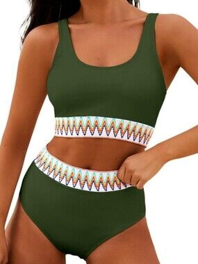 Amazon (Aimage) Olive Green Embroidered Sport Bikini Swimsuit Size Medium